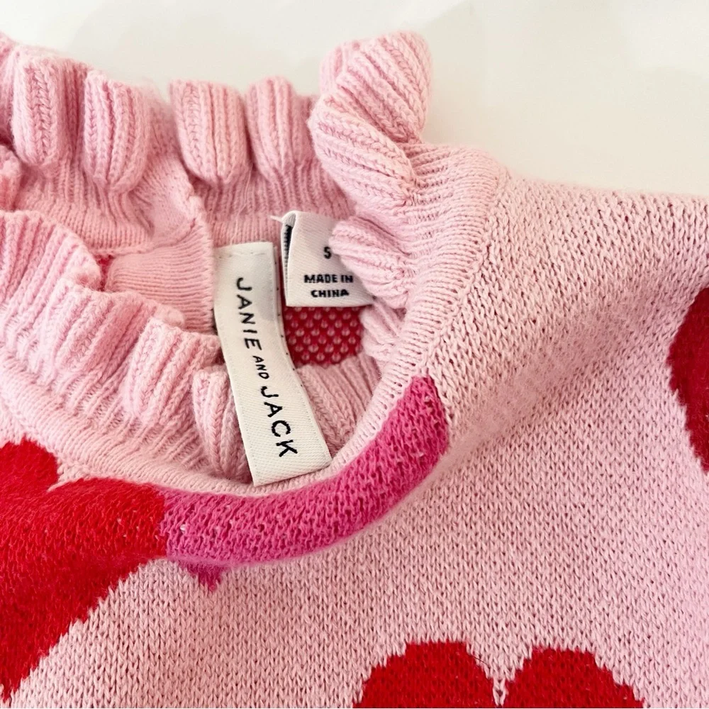 Janie and Jack Pink Heart Print Peplum Sweater Ruffle Valentines - Size Small